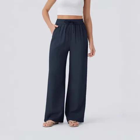 Women High Waist Drawstring Wide Leg Linen Pants Casual Flowy Beach Trousers With Pockets Elastic Waist Fashion Bottoms