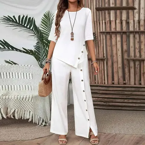 Women Top And Bottom Set Elegant Irregular Hem Short Sleeve Shirt Wide Leg Pants Suit Solid Color Polyester Commuting Fashion