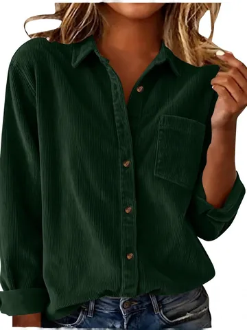 Dames Corduroy Gestreepte Overhemdjack Lange Mouw Oversized Button Down Revers Blouse Top Casual Herfst Winter Outerwear