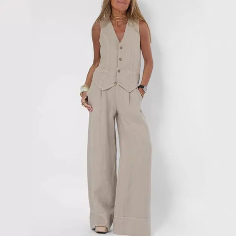 Atuendos Casuales de Algodón y Lino para Mujer Top de Chaleco con Botones y Cuello en V y Pantalones de Pierna Ancha Top And Bottom