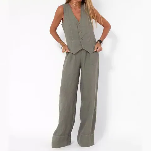 Atuendos Casuales de Algodón y Lino para Mujer Top de Chaleco con Botones y Cuello en V y Pantalones de Pierna Ancha Top And Bottom