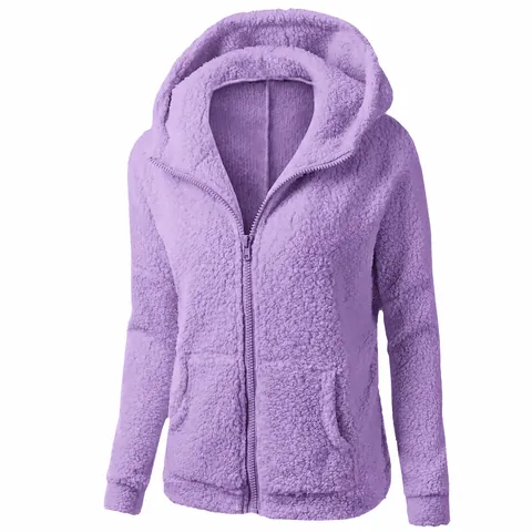 Damen Casual Kapuzen Fleecejacke Locker Durchgehender Reißverschluss Einfarbig Warm Plüsch Oberbekleidung Sweatshirt Top Mit Taschen