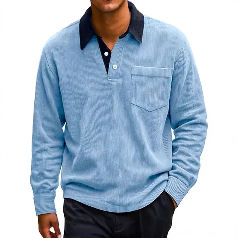 Men Vintage Corduroy Long Sleeve Polo Shirt Contrast Color Splicing Button Lapel Casual Top With Chest Pocket For Autumn Winter