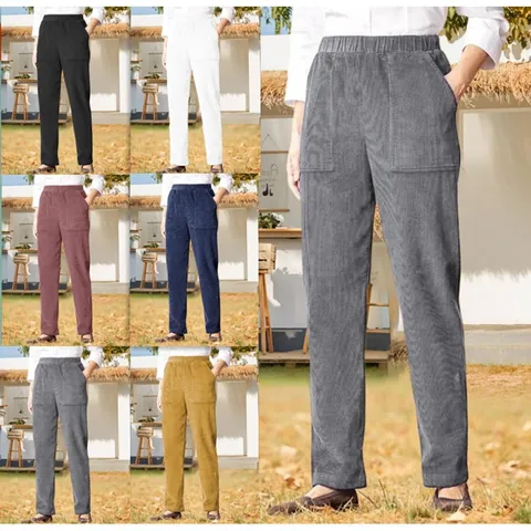 Women Corduroy Straight Leg Pants Casual Solid Color Elastic Waist Trousers With Pockets Spring Autumn Soft Bottom Wear