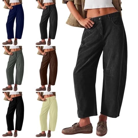 Women High Waist Corduroy Straight Leg Pants Casual Loose Solid Color Polyester Trousers For Autumn Winter Fashion