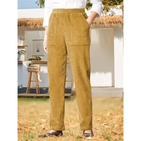 Women Corduroy Straight Leg Pants Casual Solid Color Elastic Waist Trousers With Pockets Spring Autumn Soft Bottom Wear