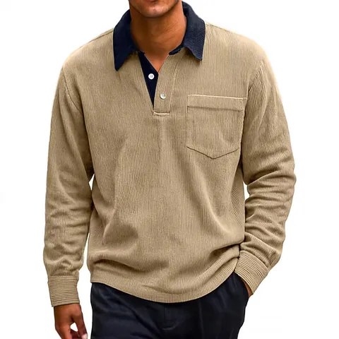 Men Vintage Corduroy Long Sleeve Polo Shirt Contrast Color Splicing Button Lapel Casual Top With Chest Pocket For Autumn Winter