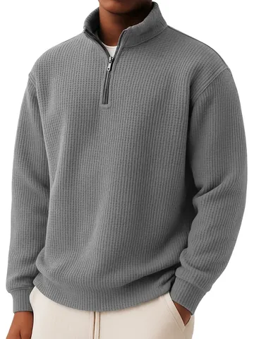 Sweat-shirt pour Homme Décontracté en Maille Gauffrée avec Quart de Fermeture Éclair Manches Longues Couleur Unie Coupe Large Top Mode