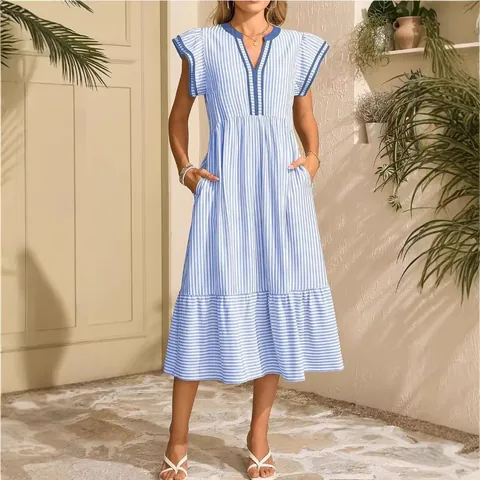 Women Striped Tiered Maxi Dress V-Neck Contrast Ruffle Short Sleeve A-Line Polyester Splicing Casual Summer Beach Sundress