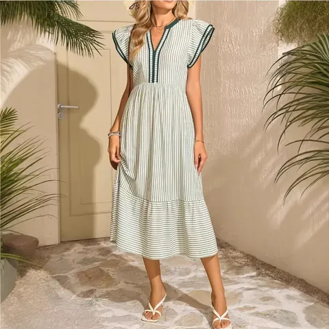 Women Striped Tiered Maxi Dress V-Neck Contrast Ruffle Short Sleeve A-Line Polyester Splicing Casual Summer Beach Sundress