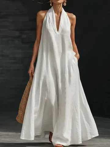 Women Cotton Linen V-Neck Sleeveless Maxi Dress Solid Color Loose Halter Long Dress With Pockets Casual Summer Vacation Dress