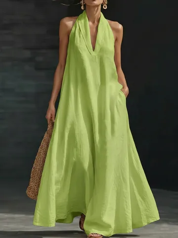 Women Cotton Linen V-Neck Sleeveless Maxi Dress Solid Color Loose Halter Long Dress With Pockets Casual Summer Vacation Dress