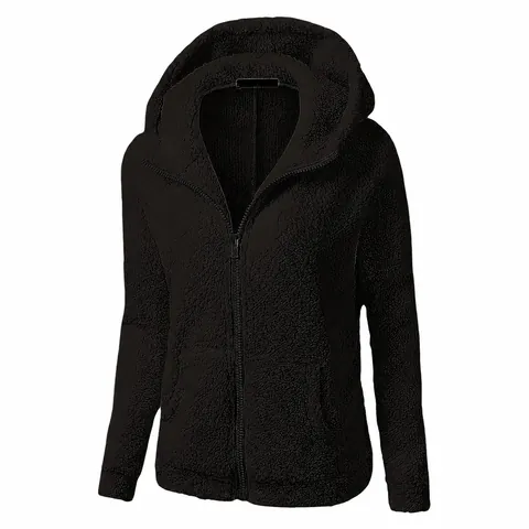 Women Casual Hooded Fuzzy Fleece Jacket Loose Full Zip Solid Color Warm Plush Outerwear Sweatshirt Top With Pockets