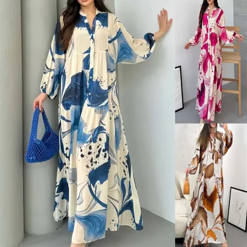 Women Casual V Neck Printed Maxi Dress Loose Long Sleeve Spliced Polyester Abstract Floral Vacation Long Gown Dress