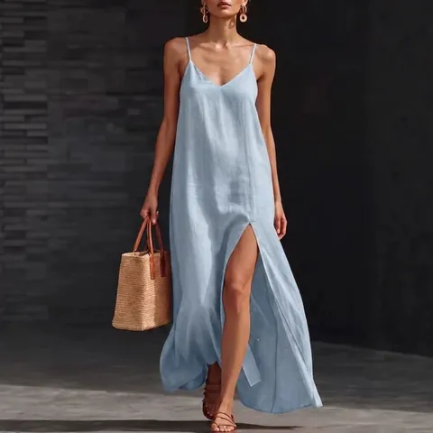 Dames Zomer Casual V-hals Camisole Maxi Jurk Effen Kleur Losse Pasvorm Zijsplit Strand Zonnejurk Feest Vakantie Kleding