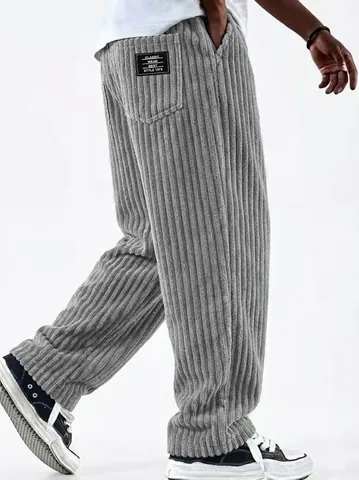 Men's American Retro Corduroy Pants Striped Loose Fit Straight Leg Casual Bottoms Stitched Multi-Pocket Trousers For Youth