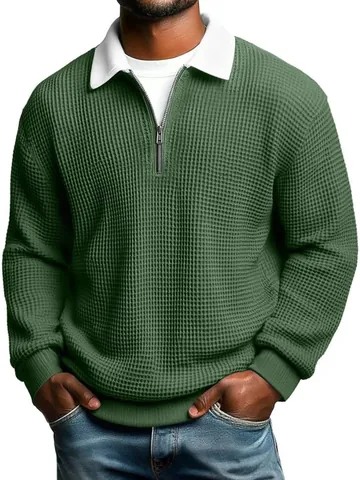 Men's Waffle Knit Long Sleeve Polo Shirt Casual Zip Contrast Lapel Top Loose Fit Breathable Polyester Polo For Men