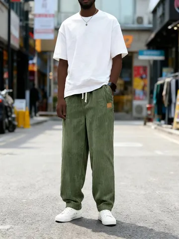 Men's Casual Corduroy Pants Loose Fit Straight Leg Drawstring Waist Trousers with Pockets Solid Color Soft Fashion Streetwear