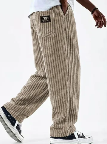 Men's American Retro Corduroy Pants Striped Loose Fit Straight Leg Casual Bottoms Stitched Multi-Pocket Trousers For Youth