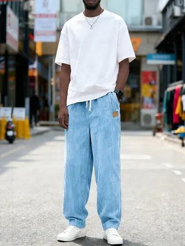 Men's Casual Corduroy Pants Loose Fit Straight Leg Drawstring Waist Trousers with Pockets Solid Color Soft Fashion Streetwear