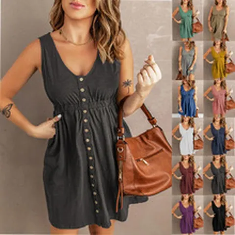 Women's Sexy Off-Shoulder Sleeveless Mini Dress Summer Cotton Blend A-Line Waist-Slimming Button Front Casual Beach Dress