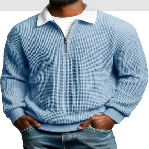 Men's Waffle Knit Long Sleeve Polo Shirt Casual Zip Contrast Lapel Top Loose Fit Breathable Polyester Polo For Men