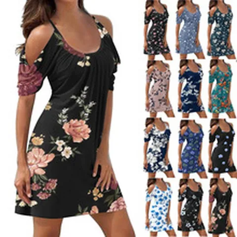 Women's Summer Floral Swing Dress Cold Shoulder Strappy Casual Beach Vacation Loose Print One-Piece Midi Dress