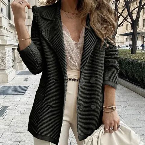 Damen Casual Texturierte Cordjacke Revers Langarm Blazer Zweireihige Oberbekleidung Weiches Polyester Elasthan Herbst Kurzjacke