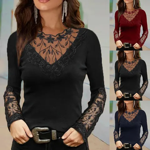 Women Sexy V Neck Lace Patchwork Long Sleeve T-Shirt Slim Fit Ruffle Detail Elegant Solid Color Casual Top For Spring