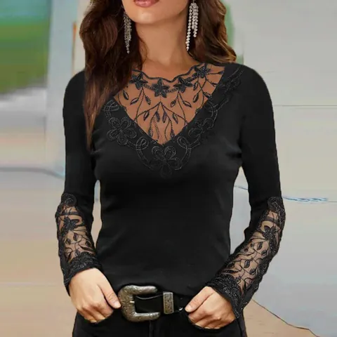 Women Elegant V Neck Lace Patchwork T-Shirt Long Sleeve Slim Fit Solid Color Top Spring Autumn Sexy Ladies Commuter Tee