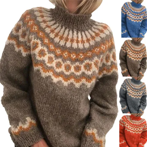 Maglione in Maglia Jacquard Vintage da Donna Collo Alto Manica Lunga Pullover Poliestere Lana Motivo Geometrico Autunno Inverno Casual Top