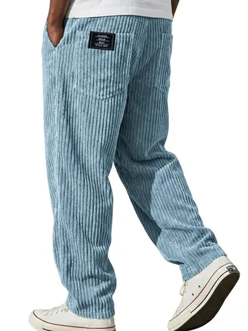 Men's American Vintage Corduroy Loose Straight Pants Striped Casual Trousers With Pockets Embroidery Patch Fashion Bottoms