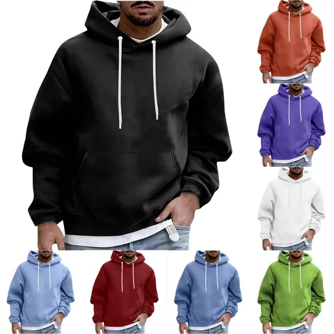 Men's Casual Solid Color Fleece Hoodie Loose Drop Shoulder Drawstring Hooded Sweatshirt With Kangaroo Pocket For Men Warm Top