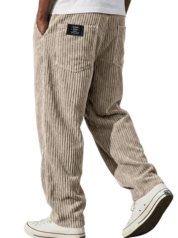 Men's American Vintage Corduroy Loose Straight Pants Striped Casual Trousers With Pockets Embroidery Patch Fashion Bottoms