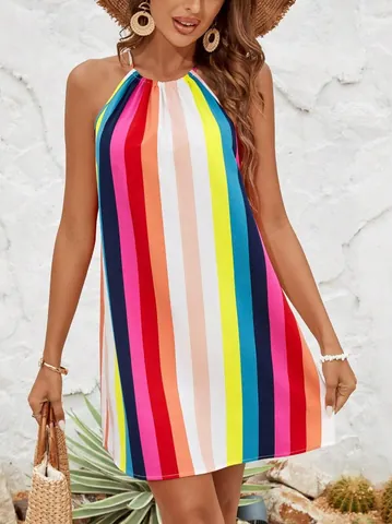 Women Halter Neck Sleeveless Printed Mini Dress Bohemian Rainbow Stripe Floral Backless A-Line Summer Vacation Beach Sun Dress