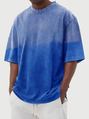Men's American Retro Cotton Washed Gradient Short Sleeve T-Shirt Loose Casual Ombre Crew Neck Top