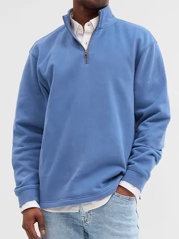 Men's Fashion Stand Collar Quarter Zip Sweatshirt Solid Color Long Sleeve Loose Casual Pullover Fleece Top For Men