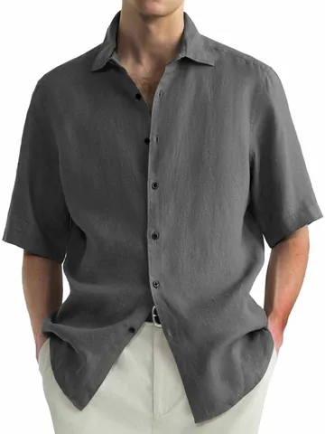 Men's Casual Short Sleeve Washed Cotton Shirt Solid Color Lapel Button Down Western Style Daily Fashion Shirt Top