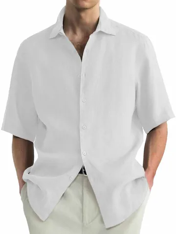 Men's Casual Short Sleeve Washed Cotton Shirt Solid Color Lapel Button Down Western Style Daily Fashion Shirt Top