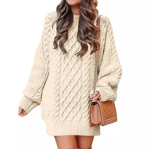 Vestido de Suéter de Punto Trenzado para Mujer Oversized Cuello Redondo Manga Larga Cálido Mezcla de Cachemira Jersey Largo Suelto