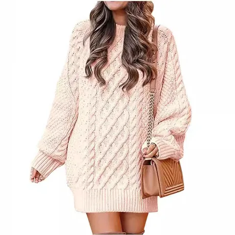 Vestido de Suéter de Punto Trenzado para Mujer Oversized Cuello Redondo Manga Larga Cálido Mezcla de Cachemira Jersey Largo Suelto