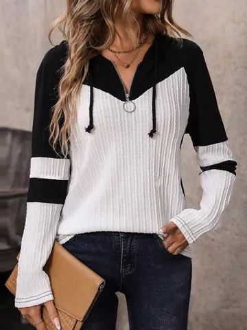 Maglia in Maglia con Cappuccio Color Block da Donna Zip Frontale a Costine Pullover a Manica Lunga Felpa per Autunno Inverno