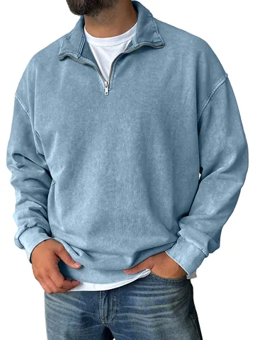 Men's Heavyweight Acid Wash Sweatshirt Vintage 1/4 Zip Stand Collar Drop Shoulder Loose Fit Cotton Sweatshirt Casual Top
