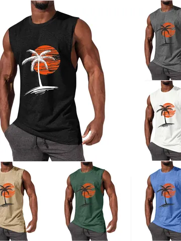 Men Tropical Coconut Tree Print Muscle Tank Top Cotton Blend Sleeveless Fitness Gym Vest Summer Casual Athletic Shirt