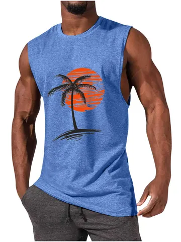 Men Tropical Coconut Tree Print Muscle Tank Top Cotton Blend Sleeveless Fitness Gym Vest Summer Casual Athletic Shirt