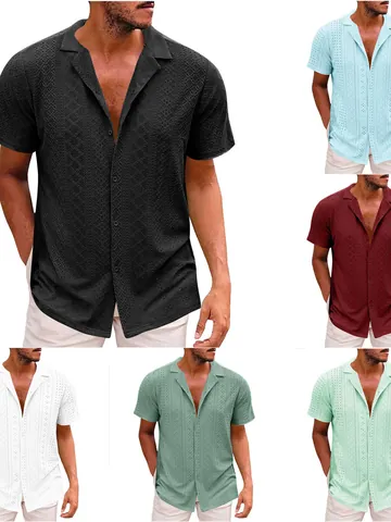 Camicia da Uomo Casual a Manica Corta con Risvolto in Poliestere Jacquard Geometrico Traforato Top con Bottoni per Vacanze Estive