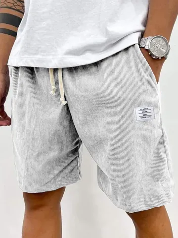 Short en Velours Côtelé Décontracté Vintage pour Hommes avec Taille à Cordon et Détail de Patch Streetwear Été Pantalon Large Bottom