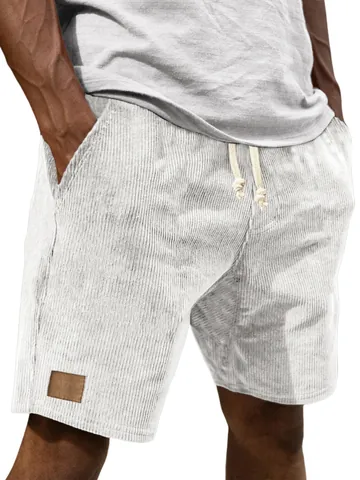 Men's Corduroy Shorts Casual Drawstring Fine Stripe 5-Point Pants With Leather Patch Loose Fit Polyester Bottoms For Men