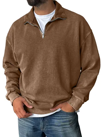 Men's Heavyweight Acid Wash Sweatshirt Vintage 1/4 Zip Stand Collar Drop Shoulder Loose Fit Cotton Sweatshirt Casual Top