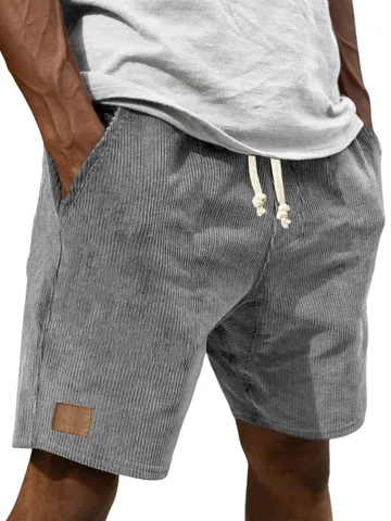 Men's Corduroy Shorts Casual Drawstring Fine Stripe 5-Point Pants With Leather Patch Loose Fit Polyester Bottoms For Men